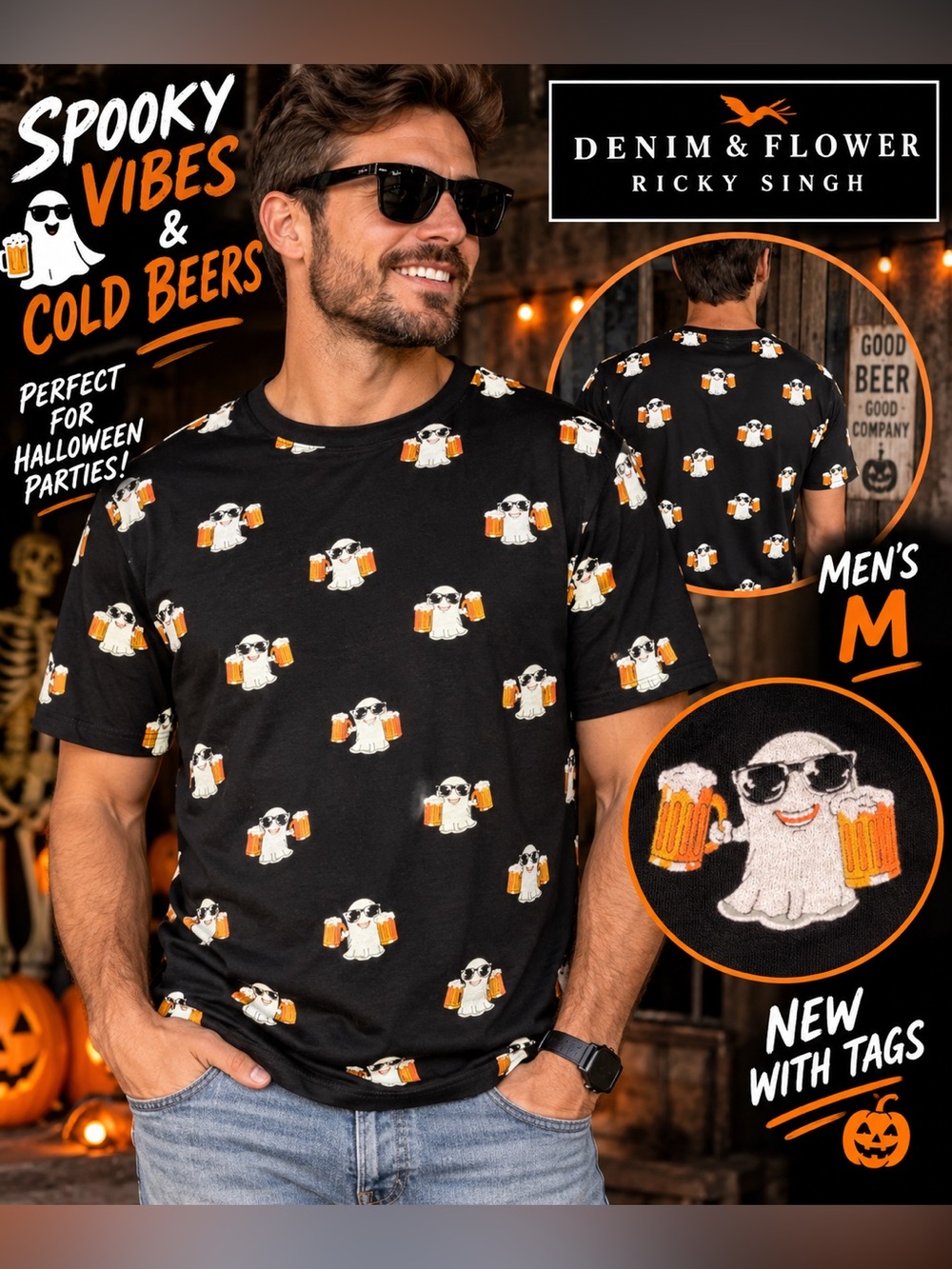 Denim & Flower Men’s M Halloween Ghost Beer Graphic T-Shirt NWT